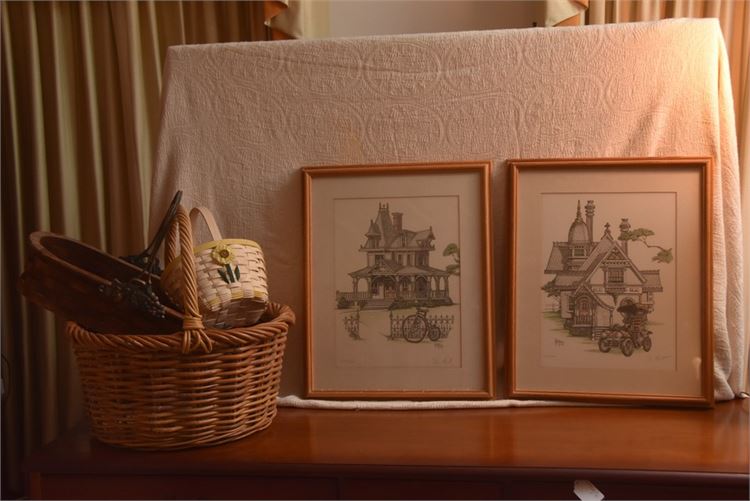 Pair Framed Prints and Vintage Baskets