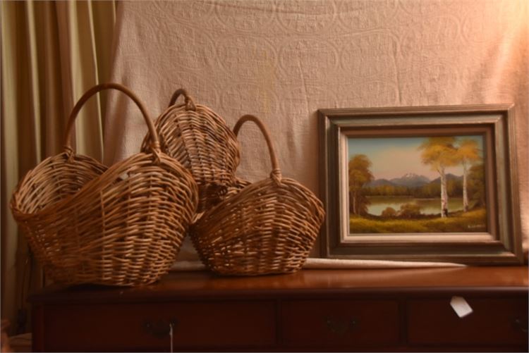Three (3) Baskets and Framed Landscape