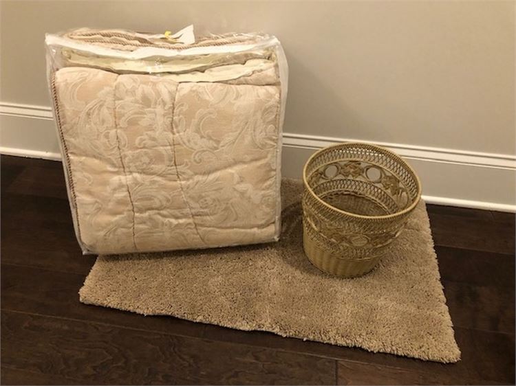 Wicker basket, Plush bath mat, and Comforter