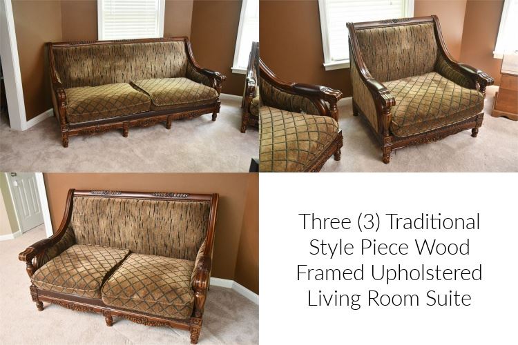 Three (3) Traditional Style Piece Wood Framed Upholstered Living Room Suite