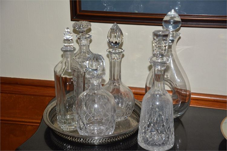 Six (6) Decanters and Serving Tray