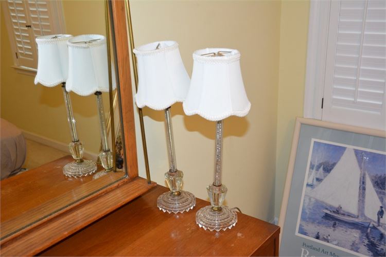 Pair Vintage Glass Stick Lamps With Shade