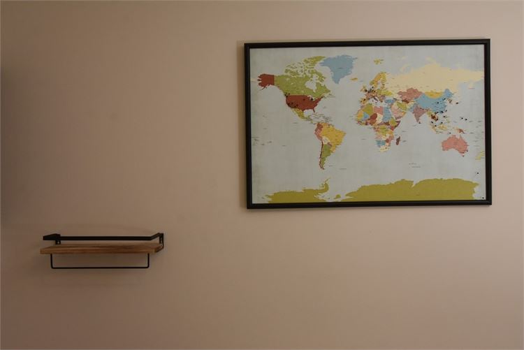 Framed World Map and Wall Mounted Shelf