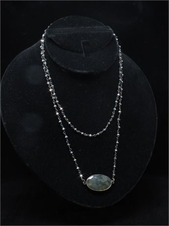 Silver and marcasite bead necklace with spinach Jade pendant