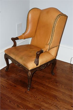 Louis XV Style Leather Upholstered Wing Chair