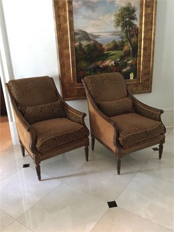 Pair Wood Frame Upholstered Armchairs