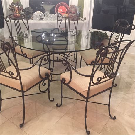 Round metal glass top table & 5 chairs