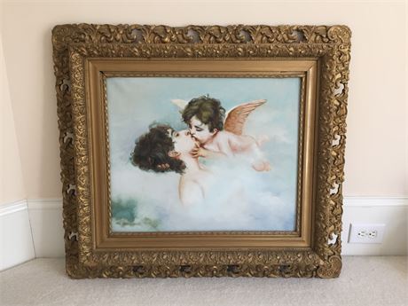Antique frame and angel painting on canvas