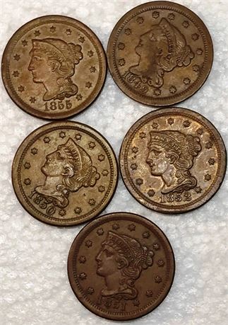 Five American Large Cents Coins