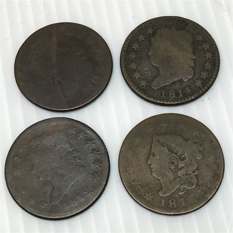 Four Large American Cents / 1816–1812 1814/worn