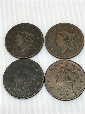 Four Large American Cents  (1881, 1832, 1817, 1880)