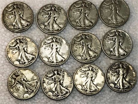 Twelve 1945 Standing Liberty One Dollar Silver Coins