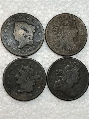 Four Large American Cents  (1798, 1818, 1803, 1839)