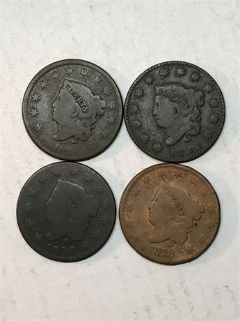 Four Large American Cents  (1829, 1820, 1826, 1822)