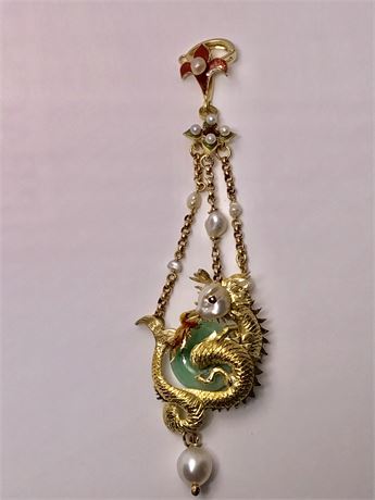 Lot 54. 18K Gold Jade Pearl Enamel Dragon Pendant