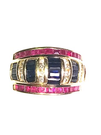 Lot 139: Estate Diamond 1.54ct Ruby Sapphire 14k Gold Band Ring 6.7 Grams