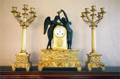 Lot 116. Tiffany & Company Marble and Bronze Clock with Garnitures