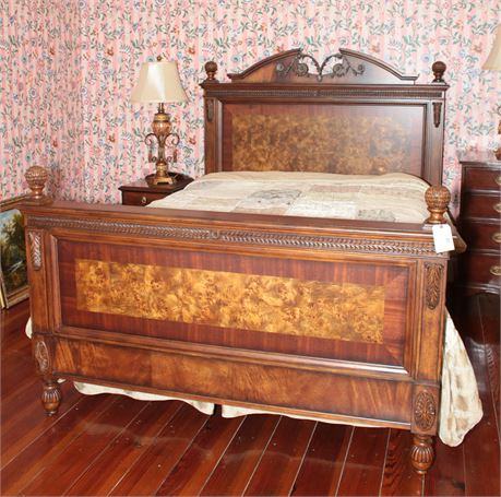 Lot 261. Ornate Burl Wood Queen Bed Frame, Mattress and Bedding