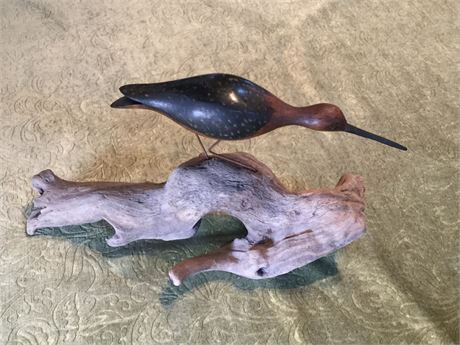 Lot 131. Painted Bird Carving Mounted on Driftwood by E.Young