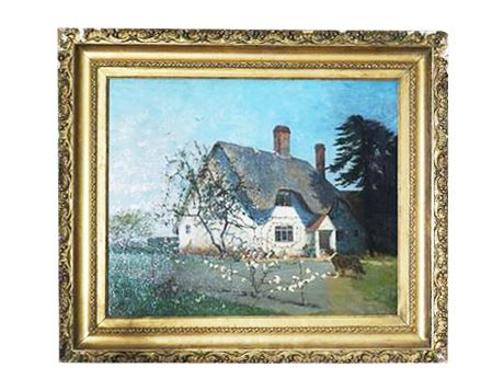 Lot 330. Oil on Canvas of House with Dog