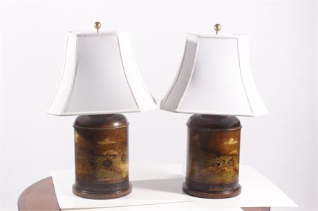 Pair of Tole Style Lamps | Par de Lámparas en Latón Decorado
