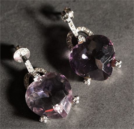 Pair Diamond Amethyst and White Gold Earrings