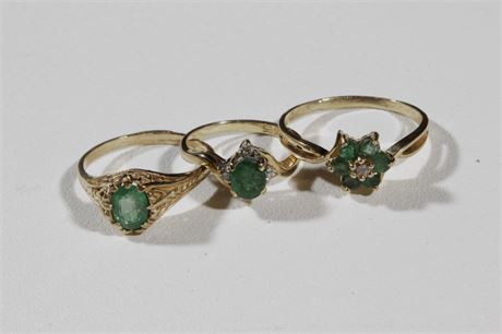 Three 14K & Emerald  Rings