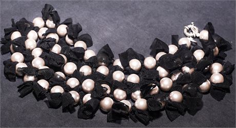 Designer Costume Pearl and Lace Ribbon Necklace