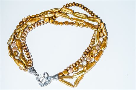 Multi Strand Greenish Gold Iridescent Baroque Pearl Necklace