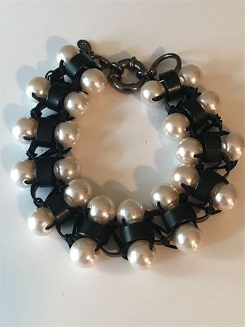 Lee Angel - Leather and Costume Pearl Bracelet