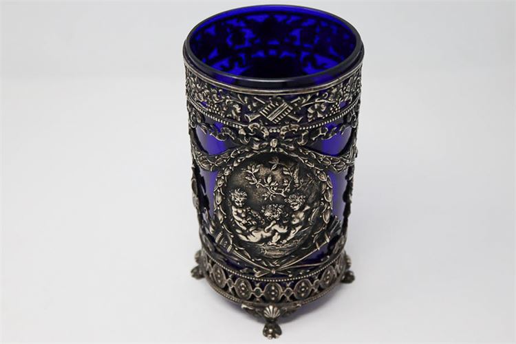 Silver Repousse Genre Decorated Vase With Cobalt Glass Insert