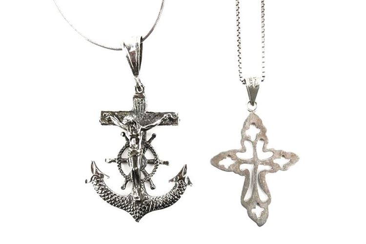 Two (2) Sterling Silver Necklaces with Cross Pendants
