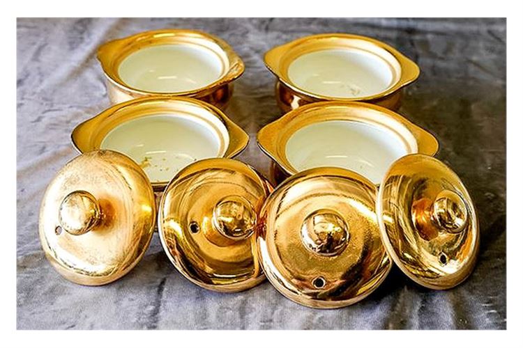 Four Hall Pottery Gilt Casserole Dishes