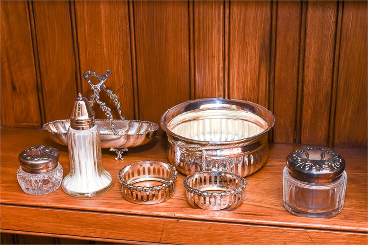 Group of Silver Plate and Glass Tabletop Objects
