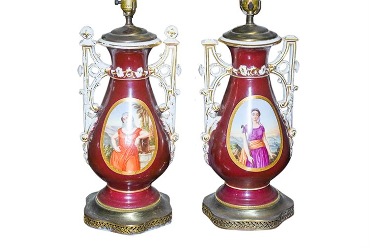 Pair of French 19th Neo-Grec Porcelain Lamps