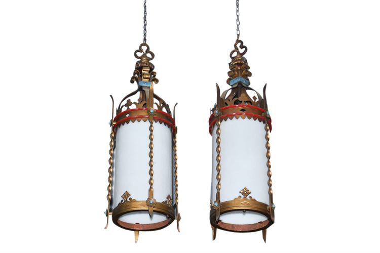 Pair Gothic Revival Style Metal Lanterns
