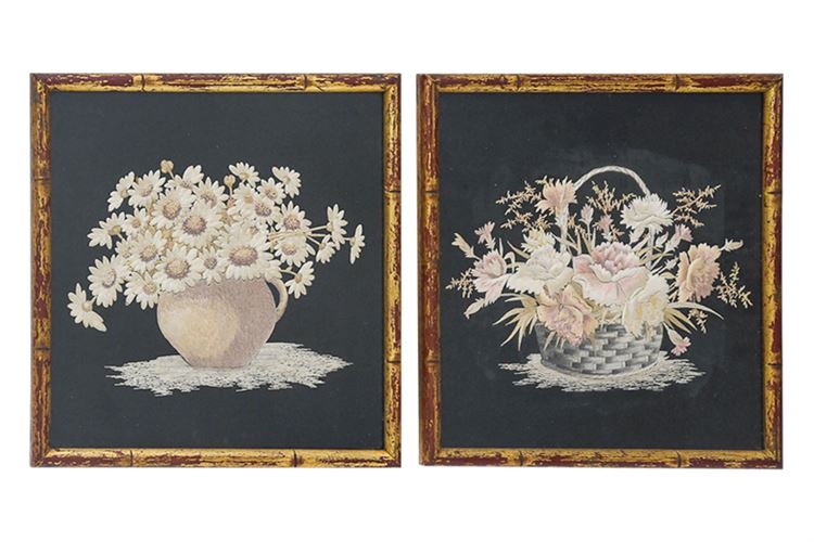 Textiles - Pair of Embroidery Floral Still Lives
