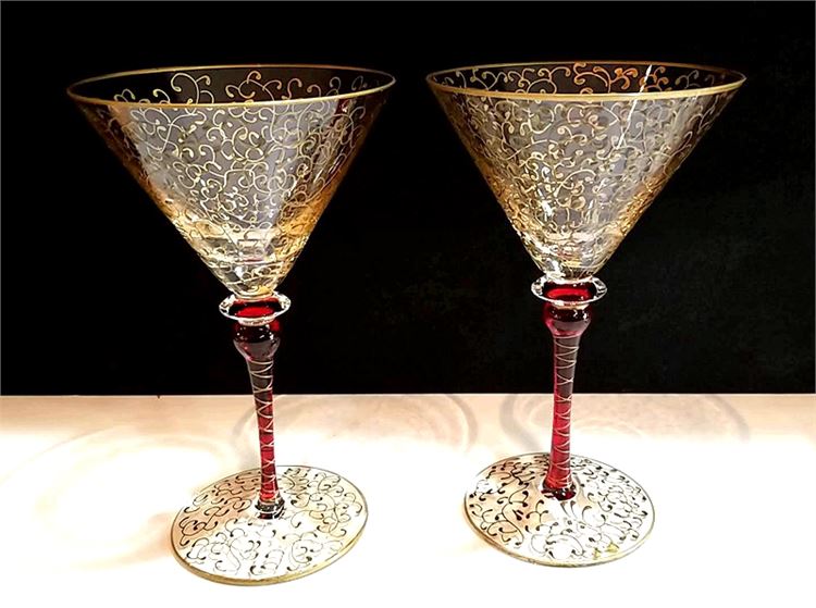 Group Lot of Vintage Hand Painted Martini & Wine Glasses