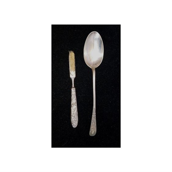 Antique Sterling Silver Baby Spoon and Toothbrush