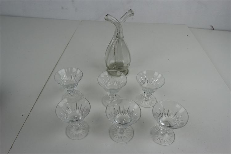 Group of Six Crystal Glasses & Oil/Vinegar Jar