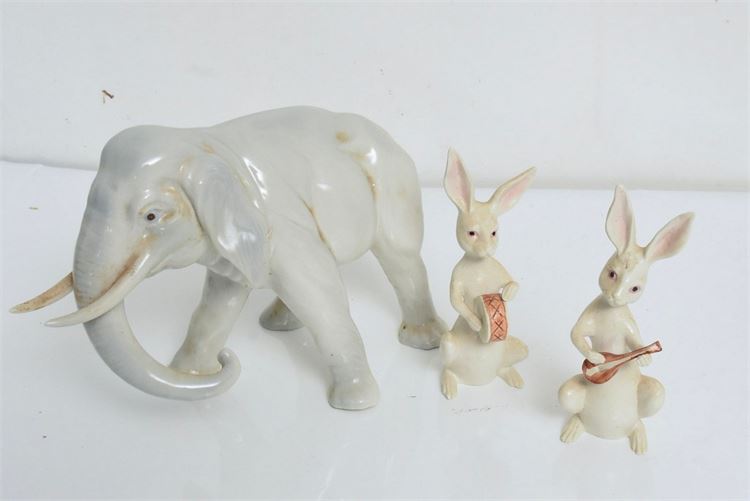 Ceramic Elephant & Pair Rabbit Figures