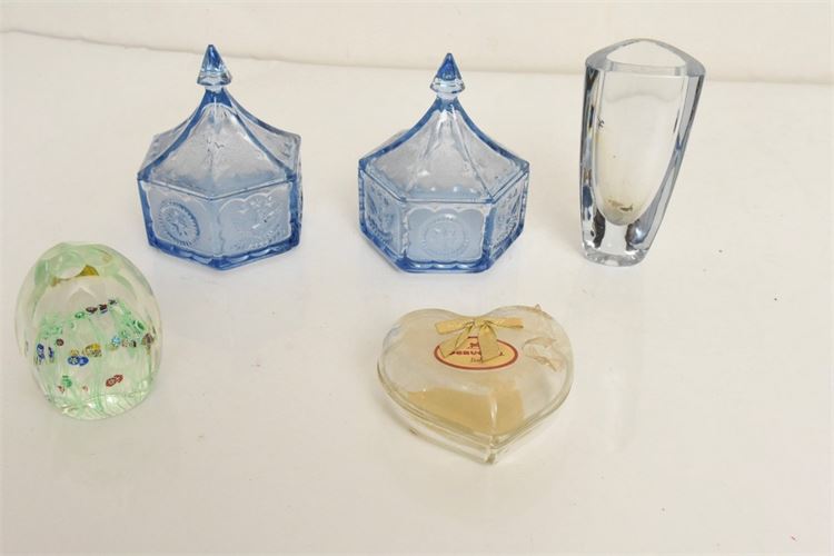 Pair Blue 'Indiana Glass" Hexagonal Candy Dish + Others