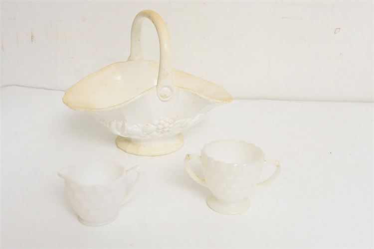 Ceramic Basket and Milk Glass Sugar & Creamer
