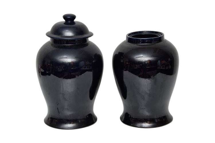 Pair Black Chinese Style Ceramic Urns