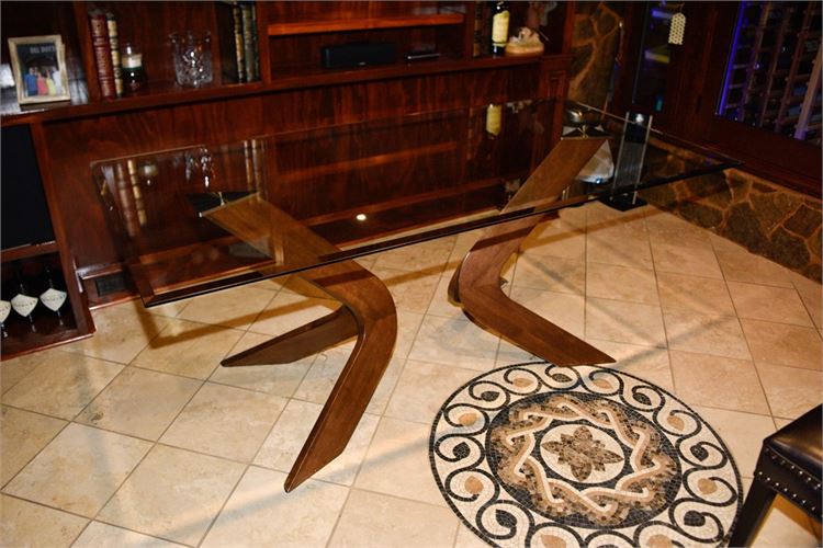 Contemporary Style Glass Top Table with Abstract Wooden Base