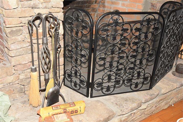 Metal Fireplace Screen and Tools