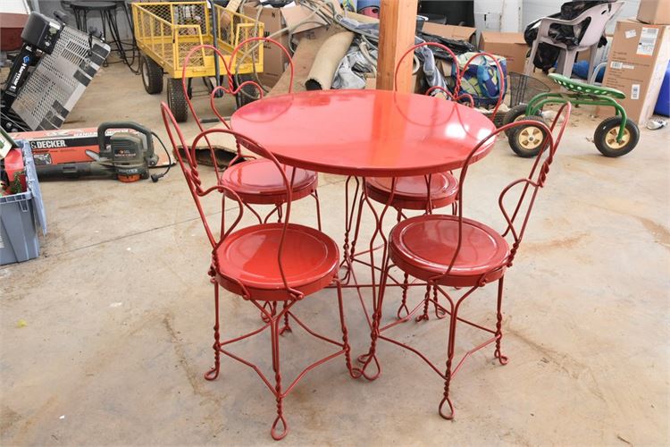 Red Painted Ice Cream Parlor Table and Four Chairs