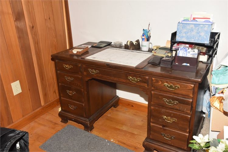 Pine Knee Hole Desk with Contents