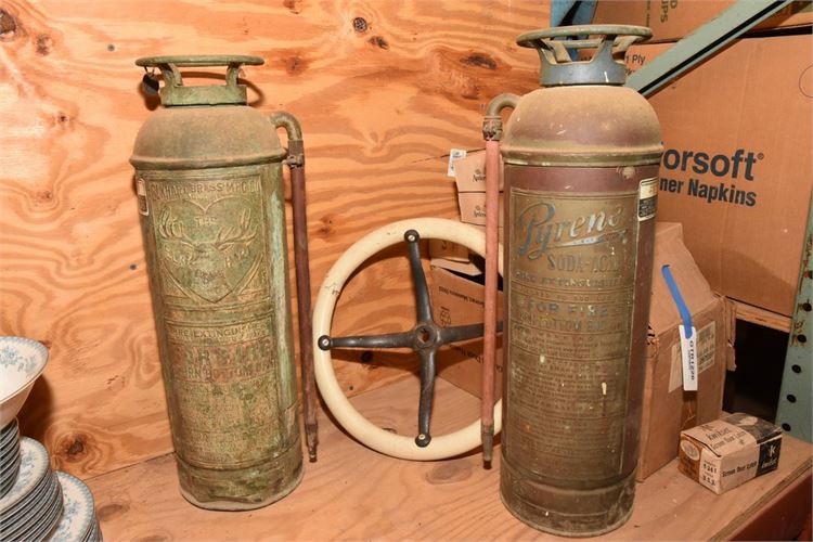 Two Vintage Fire Extinguishers and Stearing Wheel
