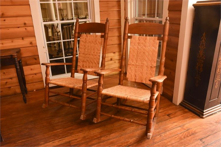 Pair Of Wooden Rocking Chairs With Woven Back and Seat